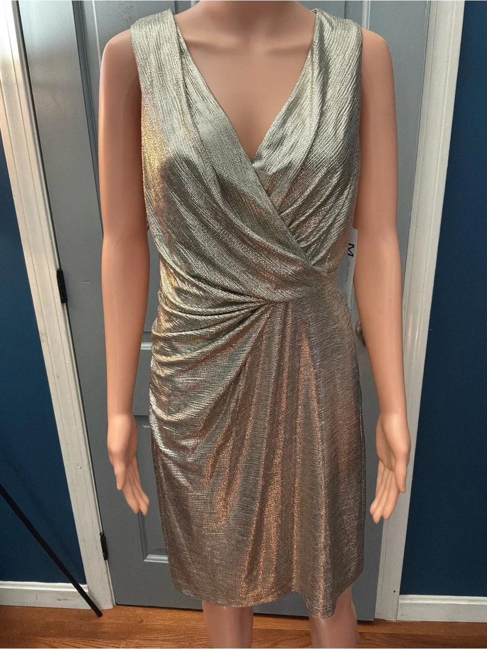 Shimmery Gold Wrap-Front Mini Dress